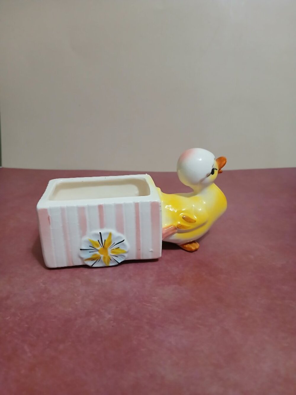 Mid-Century Planter/Trinket Dish-Duck Pulling a Wagon-Pastel Colors - Picture 3 of 7